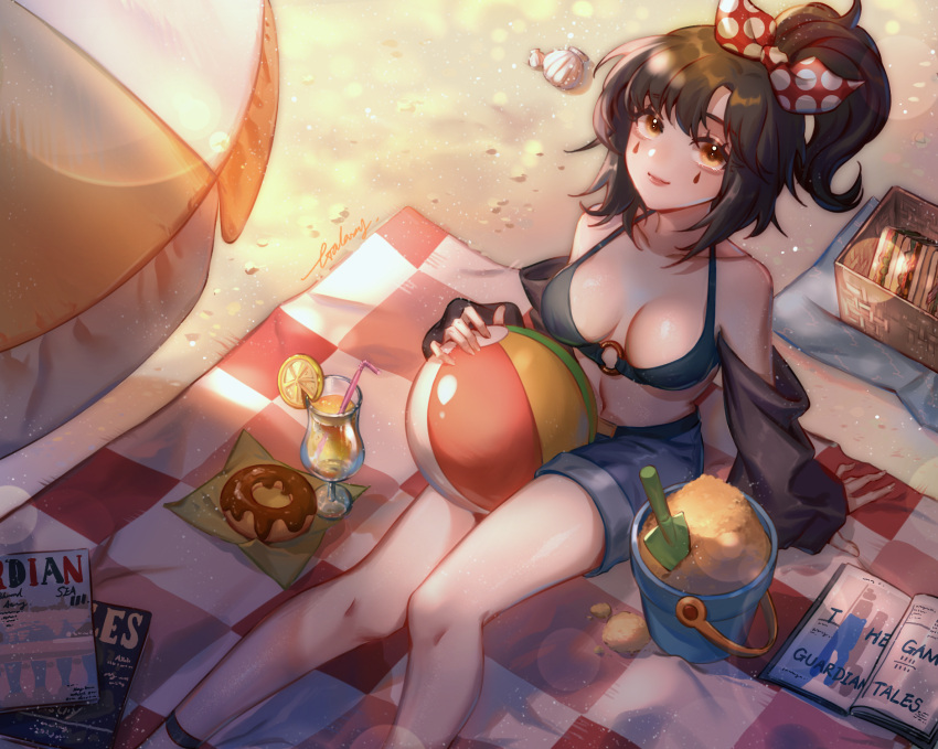 1girl, alternate_costume, beach, bikini, bikini_top_only, blue_shorts, box_galaxy, breasts, brown_eyes, brown_hair, food, full_body, guardian_tales, hand_up, highres, looking_at_viewer, medium_breasts, outdoors, ponytail, scrivener_lahn, short_hair, shorts, solo, swimsuit, tagme