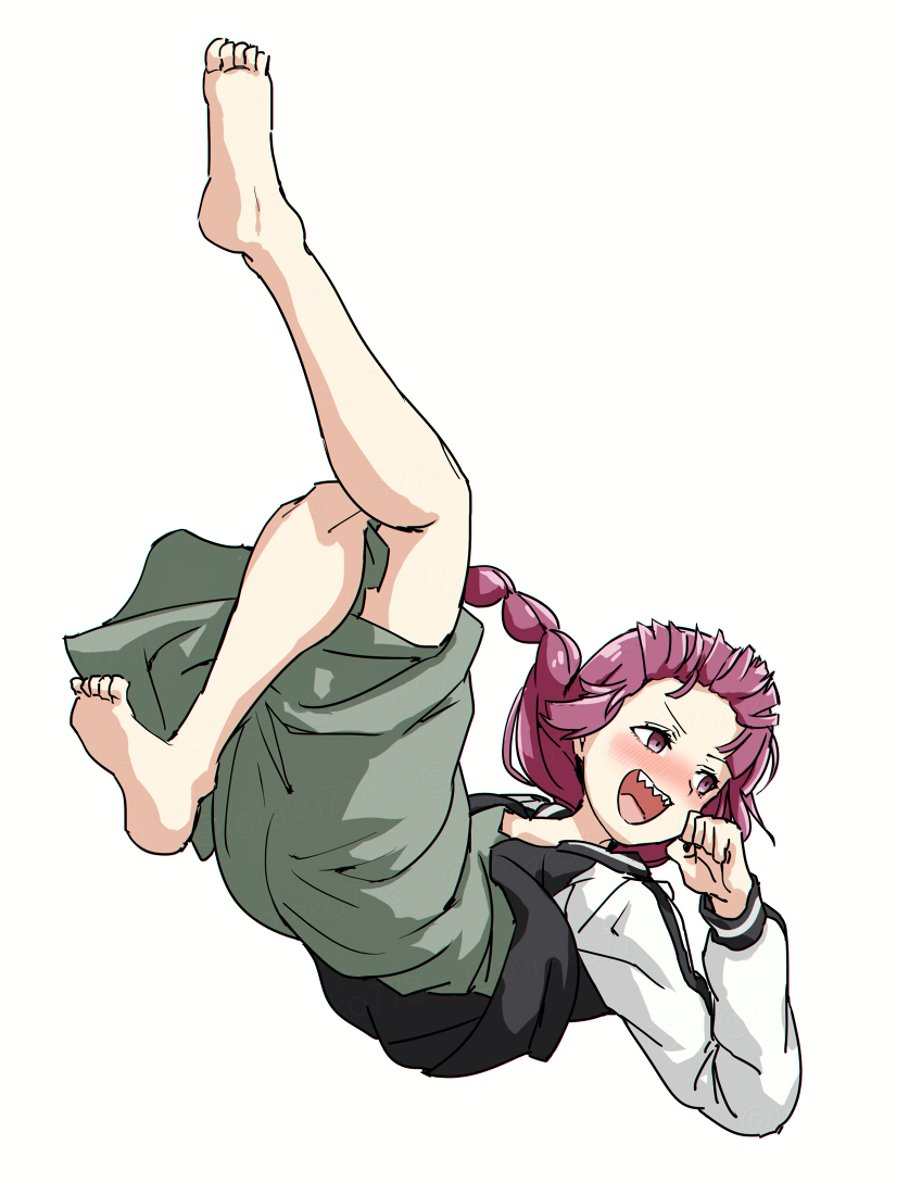 1girl, :d, barefoot, black_jacket, black_nails, bocchi_the_rock!, dress, elbow_drop