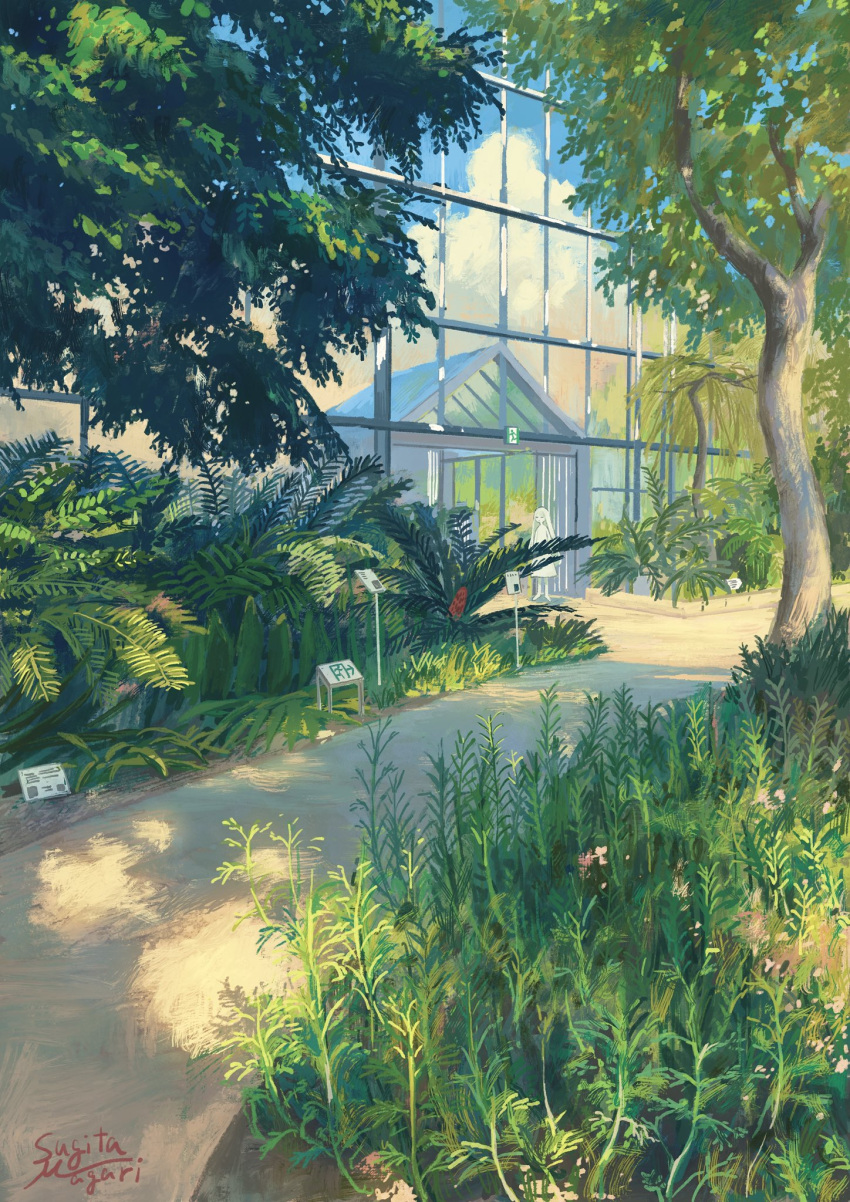 1girl, blue_sky, clouds, commentary_request, day, exit_sign, greenhouse, highres