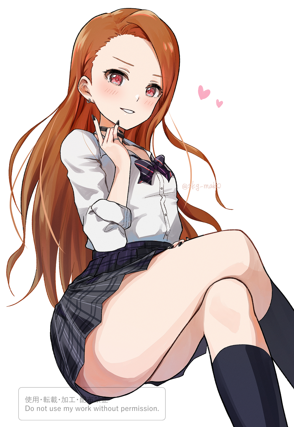 1girl, asymmetrical_bangs, black_bow, black_bowtie, black_choker, black_nails, black_socks, bow