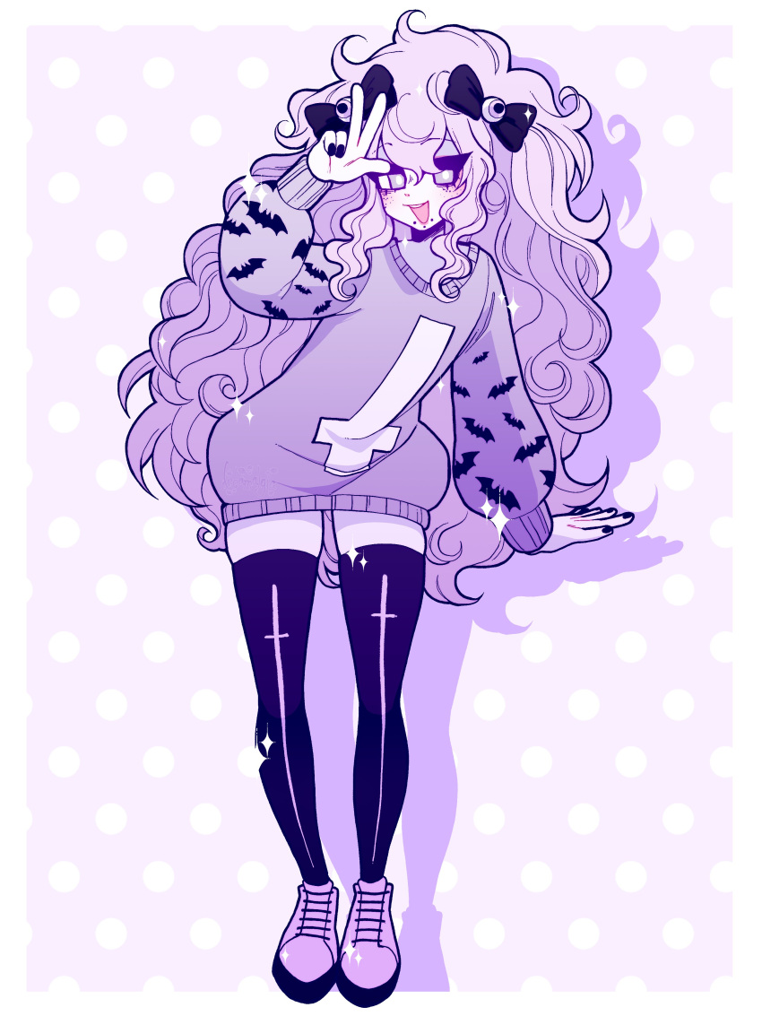 1girl, absurdres, black_nails, bow, colored_skin, commentary, commission, cross, dreamalgia, drop_shadow, english_commentary, eyeball_hair_ornament, hair_bow, highres, long_hair, open_mouth, original, pastel_colors, pastel_goth, purple_hair, shoes, snakebite_(piercing), sparkle, sweater, teeth, thigh-highs, upper_teeth_only, v, white_skin