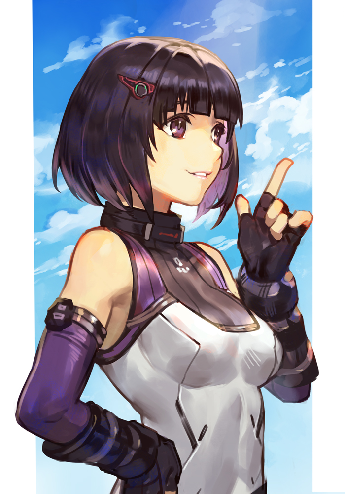 1girl, black_eyes, black_hair, breasts, elbow_gloves, fingerless_gloves, gloves, hair_ornament
