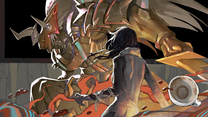 1boy, 1girl, anniversary, armor, black_hair, bly_mead, cowboy_shot, digimon