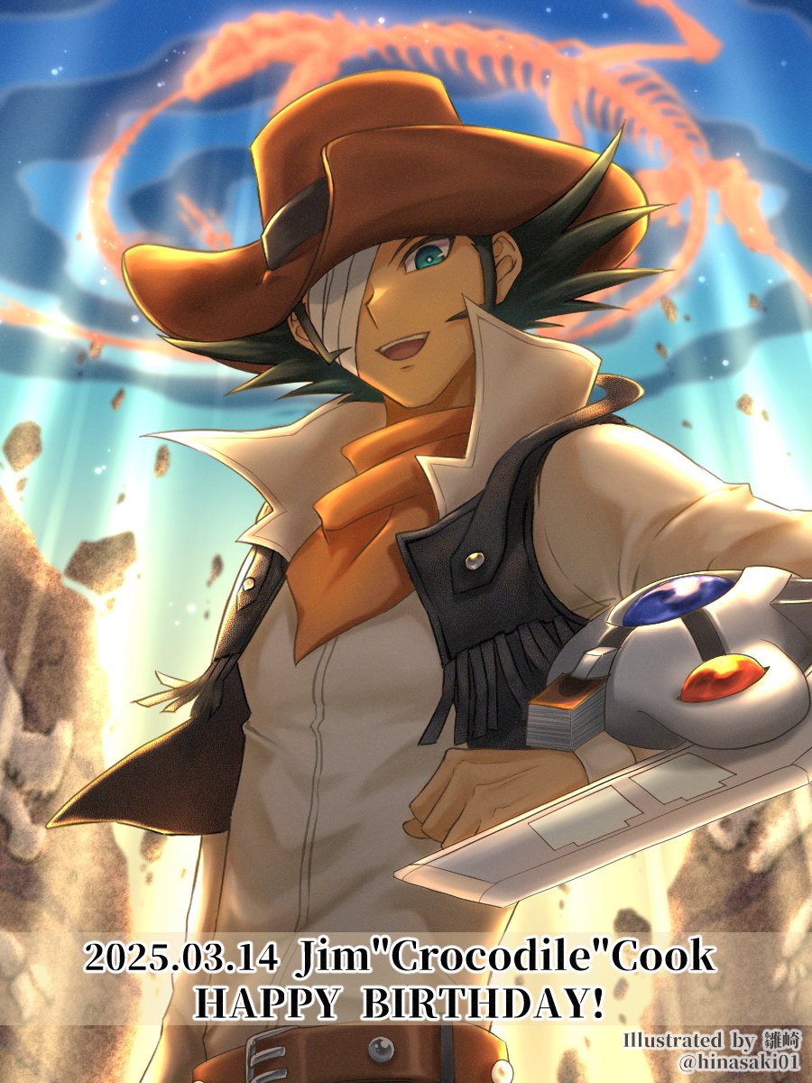 1boy, bandage_over_one_eye, black_hair, black_vest, cowboy_hat, cowboy_shot, dated, deck_of_cards