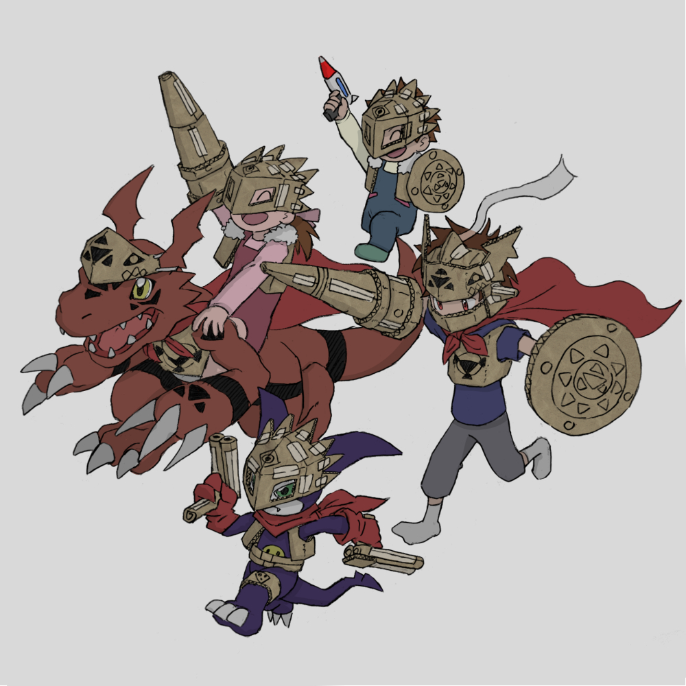 1girl, 3boys, ai_(digimon_tamers), beelzebumon, beelzebumon_(cosplay), brown_hair, cape, cardboard_costume