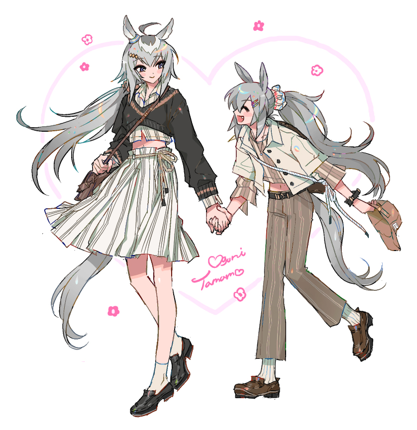 2girls, :d, ^_^, animal_ears, bad_id, bad_twitter_id, bag, baseball_cap