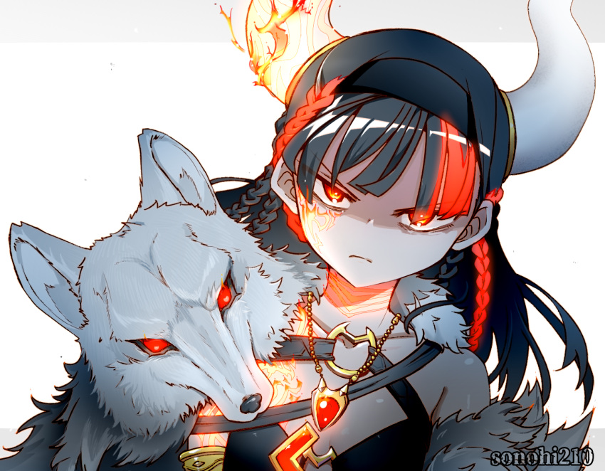 1girl, artist_name, black_hair, black_hairband, black_shirt, braid, closed_mouth, commentary_request