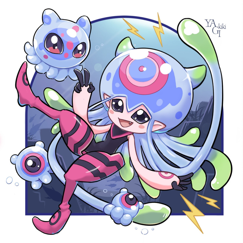 circle, digimon, digimon_(creature), electricity, fang, highres, jellyfish_girl, jellymon, monster_girl, open_mouth, puyomon, puyoyomon, smile, tentacle_hair, tentacles, yagikiki