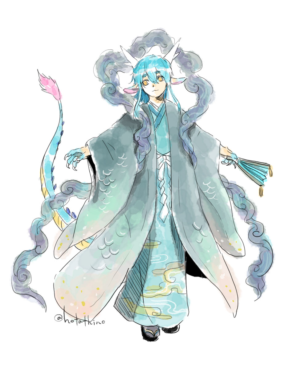 1boy, animal_hands, blue_hair, blue_kimono, claws, coat, commentary_request, dragon_boy