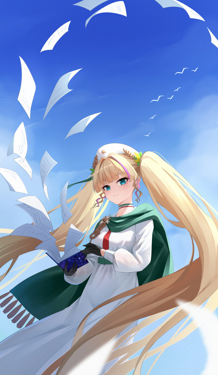 1girl, absurdres, aiguillette, azur_lane, black_gloves, blonde_hair, blue_eyes, blue_sky, book, closed_mouth, clouds, dress, giosue_carducci_(azur_lane), gloves, green_scarf, hands_up, hat, highres, holding, holding_book, kafeifeifeifeifeifei_jiemo_jun, long_dress, long_hair, looking_at_viewer, multicolored_hair, outdoors, paper, purple_hair, scarf, sky, smile, solo, streaked_hair, twintails, very_long_hair, white_dress, white_hat
