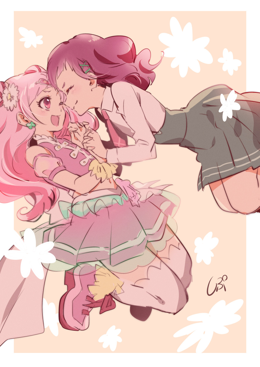 2girls, ;d, absurdres, border, closed_eyes, closed_mouth, collared_shirt, crop_top