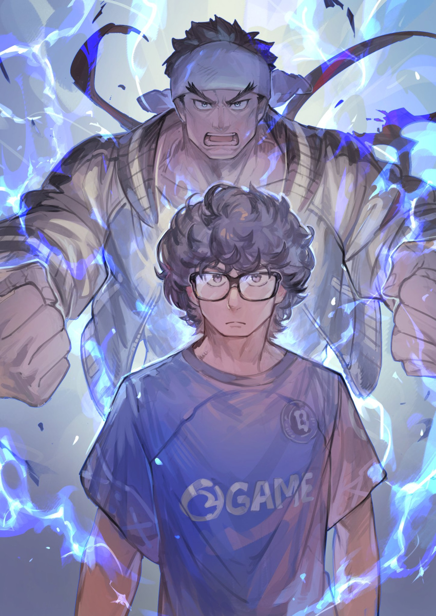 2boys, black_hair, blaz_(gamer), brown_eyes, capcom_cup, commentary_request, electricity, esports_apparel