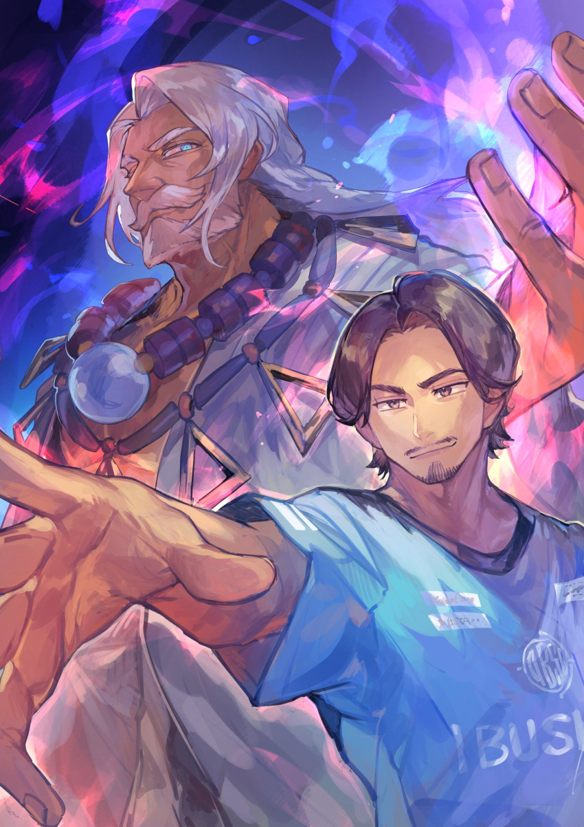 2boys, beard, black_hair, blue_eyes, brown_eyes, capcom_cup, commentary_request, esports_apparel