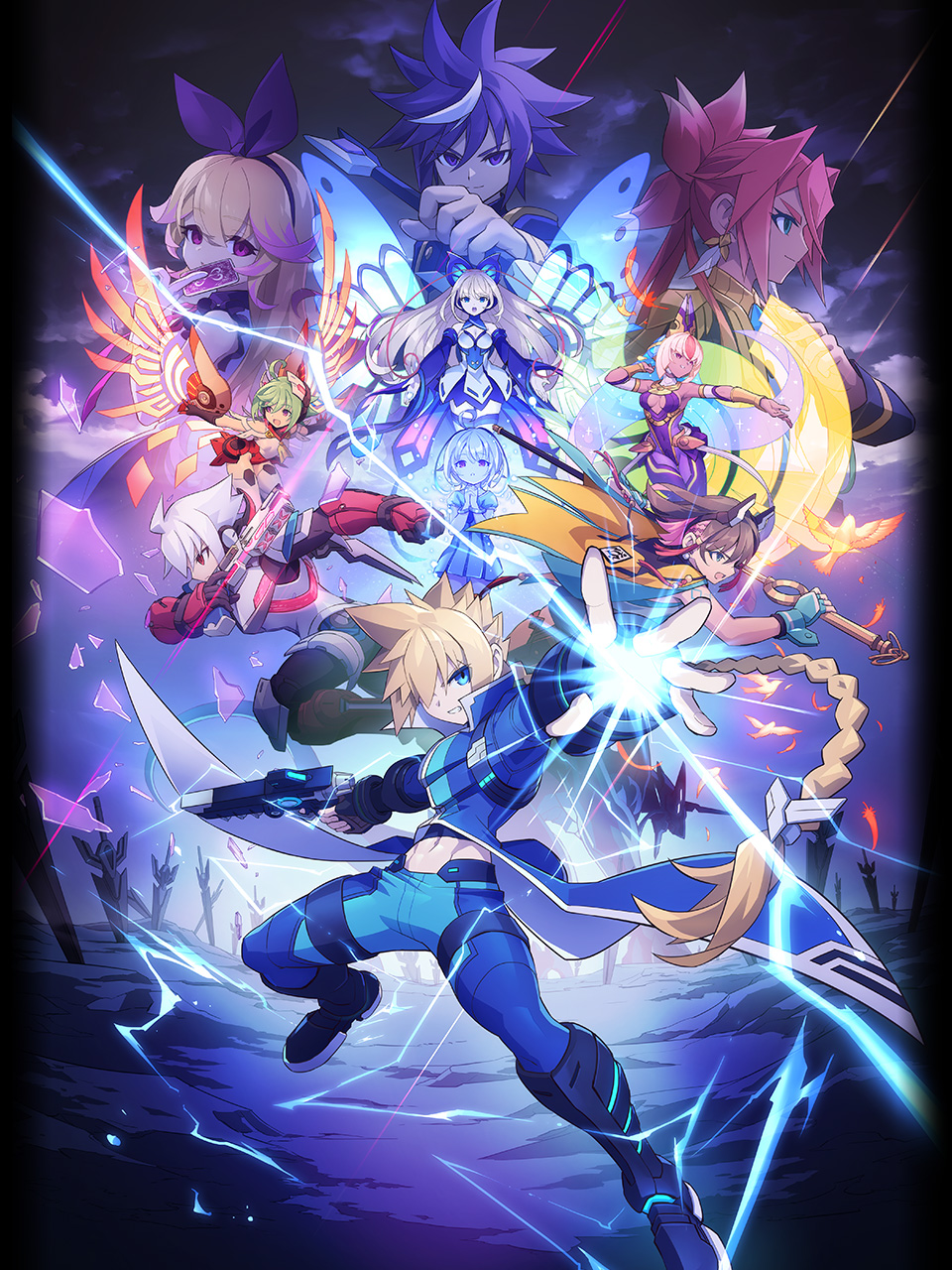 4boys, 6+girls, acura_(gunvolt), ahoge, armor, azure_striker_gunvolt, azure_striker_gunvolt_2, azure_striker_gunvolt_3