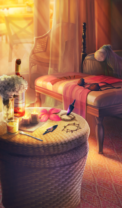 bed, bikini, bottle, candle, chair, commentary, cup, drinking_glass