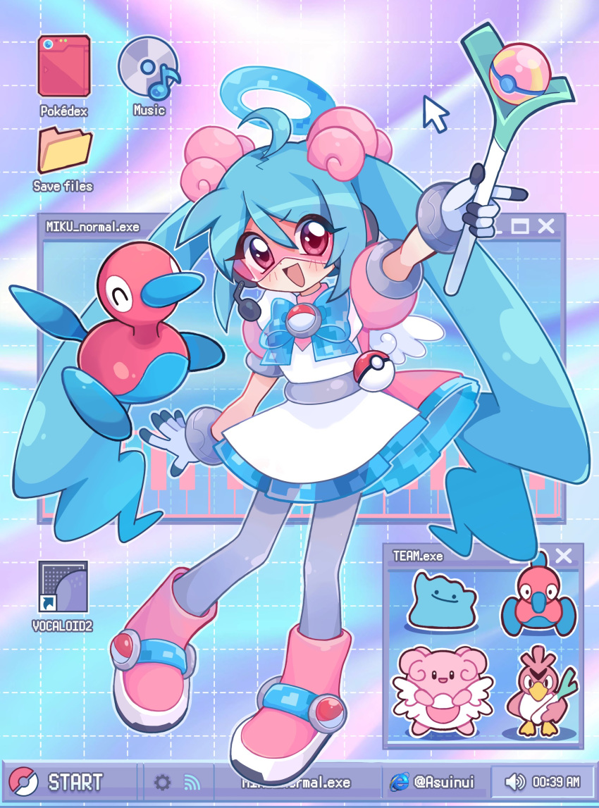 1girl, :d, absurdres, ahoge, alternate_color, alternate_costume, ankle_boots, artist_name, asuinui, blissey, blissey_(cosplay), blue_bow, blue_hair, blue_halo, blue_trim, boots, bow, bracelet, cosplay, cursor, desktop_(computing), ditto, dress, farfetch'd, farfetch'd_(cosplay), full_body, grid_background, hair_between_eyes, halo, hatsune_miku, highres, holding, icon_(computing), jewelry, long_hair, mega_man_(series), mega_man_battle_network_(series), mini_wings, multicolored_dress, pantyhose, pink-tinted_eyewear, pink_boots, poke_ball, pokemon, pokemon_(creature), porygon, porygon2, porygon_(cosplay), puffy_sleeves, purple_pantyhose, shiny_pokemon, short_sleeves, smile, spring_onion, standing, taskbar, tinted_eyewear, twintails, two-tone_gloves, vocaloid, window_(computing), wings