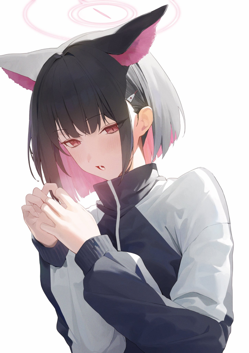 1girl, animal_ears, black_hair, blue_archive, blue_jacket, blush, cat_ears, cat_girl