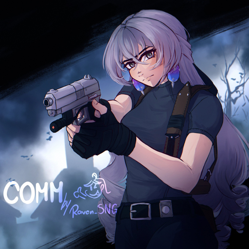 1girl, absurdres, belt, black_belt, black_gloves, black_shirt, bronya_rand, commission