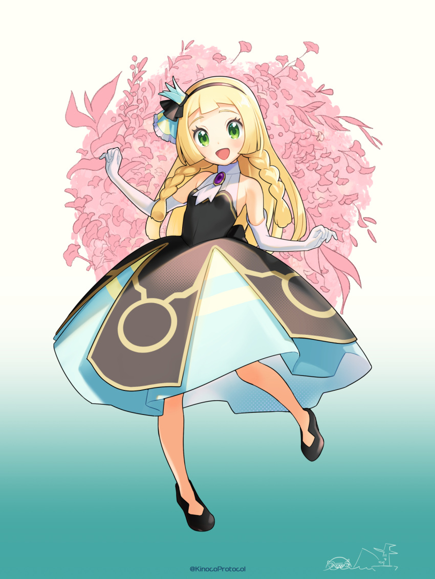 1girl, black_dress, blonde_hair, blush, braid, dress, elbow_gloves, gloves, green_eyes, highres, kinocopro, lillie_(pokemon), loli, long_hair, looking_at_viewer, may_(champion)_(pokemon), open_mouth, pokemon, pokemon_masters_ex, pokemon_sm, sleeveless, sleeveless_dress, smile, solo, twin_braids, white_gloves