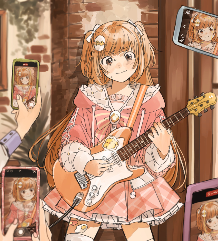 1girl, 4others, bandaid, bandaid_on_leg, blush, brown_eyes, cellphone, cowboy_shot