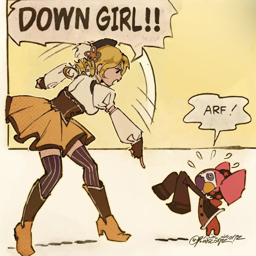 artist_name, boots, breasts, brown_boots, brown_corset, brown_thighhighs, brown_trim, cape, charlotte_(madoka_magica), corset, creature, detached_sleeves, down_boy!!_(meme), dress, drill_hair, english_text, flying_sweatdrops, frills, full_body, gloves, highres, long_hair, mahou_shoujo_madoka_magica, mahou_shoujo_madoka_magica_(anime), medium_breasts, meme, motion_lines, multicolored_boots, open_mouth, pinstripe_thighhighs, pointing, pointing_down, puffy_short_sleeves, puffy_sleeves, punkcorpz, shirt, short_sleeves, shouting, signature, skirt, thigh-highs, tomoe_mami, twin_drills, two-tone_boots, v-shaped_eyebrows, white_background, white_cape, white_shirt, yellow_background, yellow_boots, yellow_skirt