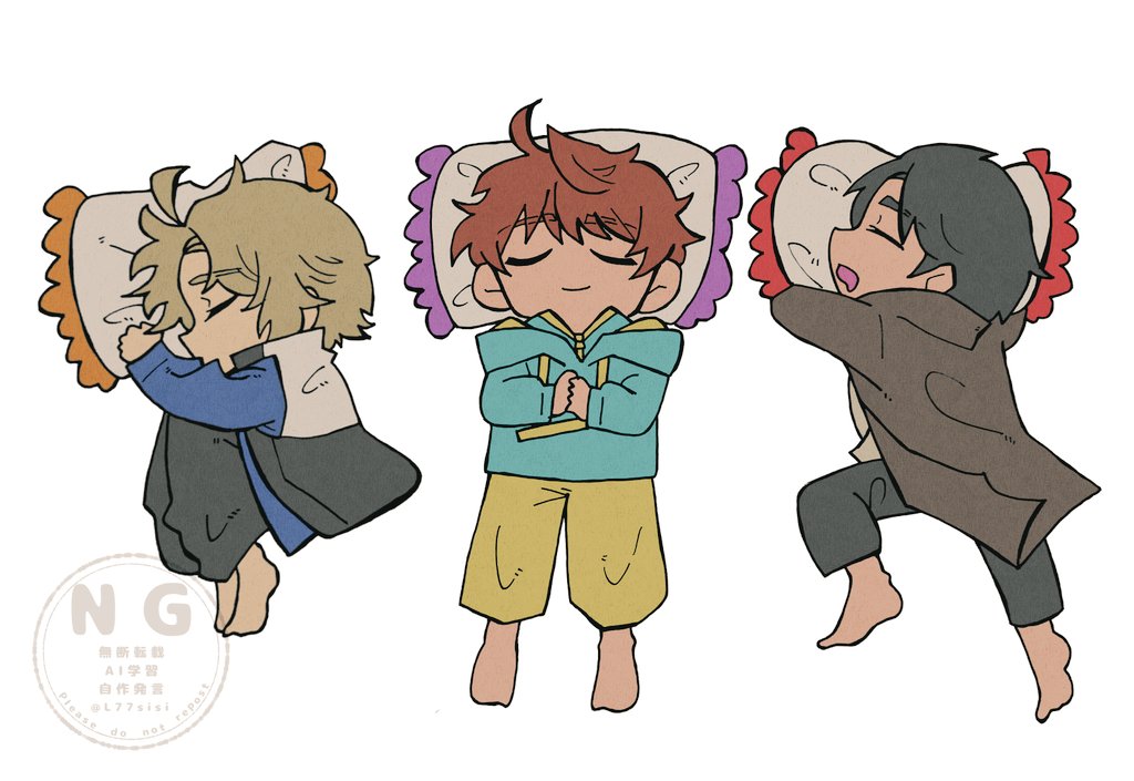 3boys, barefoot, black_hair, blonde_hair, blue_hoodie, brown_eyes, brown_hair, chibi