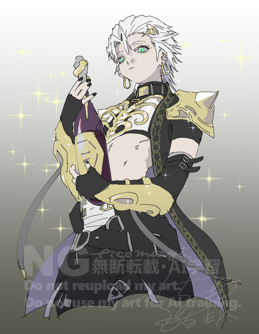 1boy, armor, black_nails, bottle, closed_mouth, crop_top, cropped_legs, earrings, elbow_gloves, final_fantasy, final_fantasy_vii, final_fantasy_vii_ever_crisis, fingerless_gloves, gloves, gold_armor, gradient_background, green_eyes, grey_background, grey_hair, hair_between_eyes, hair_ornament, highres, holding, holding_bottle, hoop_earrings, jewelry, male_focus, midriff, nail_polish, official_alternate_costume, sephiroth, sephiroth_(cape_of_the_worthy), sephiroth_(ever_crisis), short_hair, sign, slit_pupils, solo, sparkle, upper_body, vambraces, zc_furuya