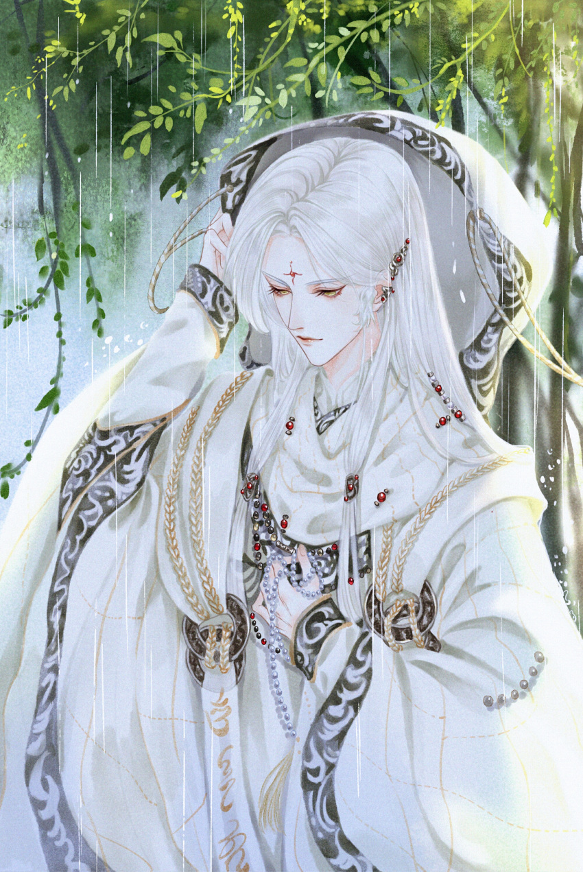 1boy, absurdres, arm_up, beads, botitenghui, chinese_clothes, cloak, closed_mouth
