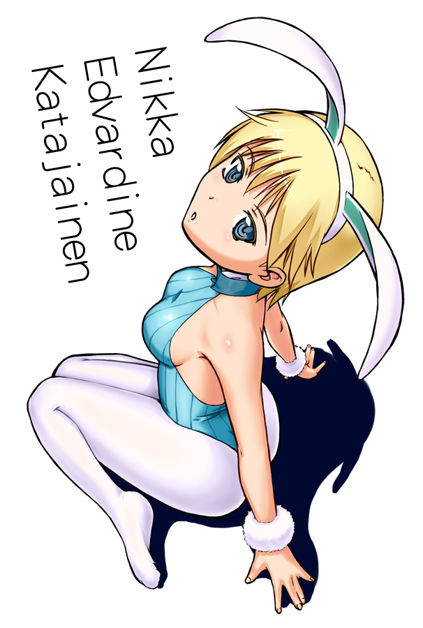 blonde_hair, blue_eyes, bunny_ears, feet, from_above, fumie_umetora, leotard, nikka_edvardine_katajainen