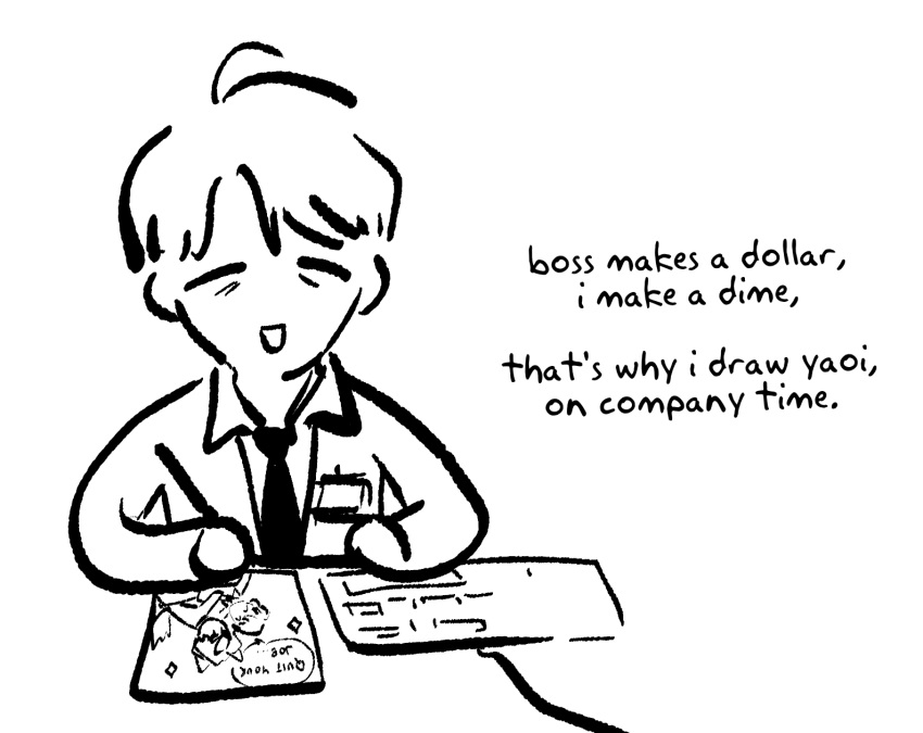 1boy, artist_self-insert, closed_eyes, computer_keyboard, drawing_(action), drawing_(object), english_text, fudanshi