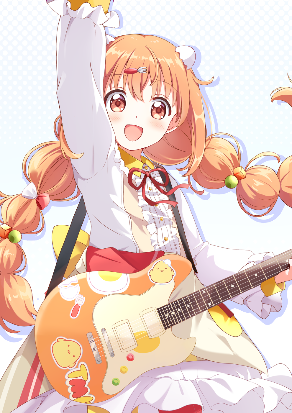 1girl, back_bow, bow, braid, brown_eyes, brown_skirt, collared_shirt, cube_hair_ornament