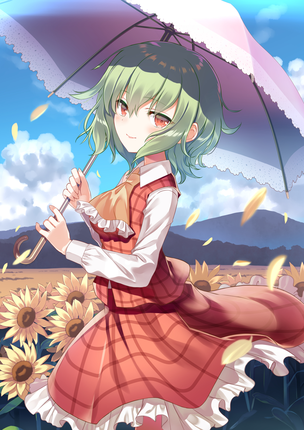 1girl, ascot, blush, breasts, closed_mouth, clouds, collared_shirt, commentary_request