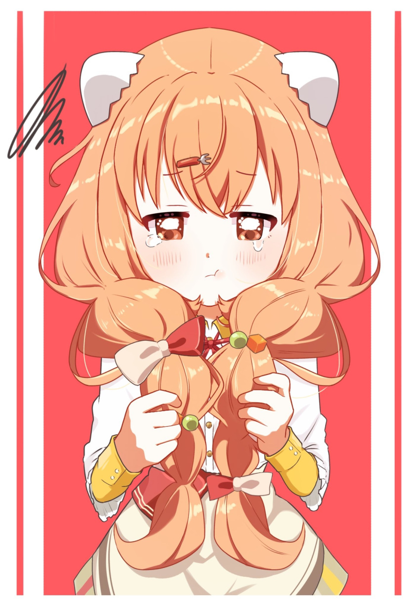 1girl, blush, bow, braid, brown_eyes, brown_skirt, closed_mouth, collared_shirt