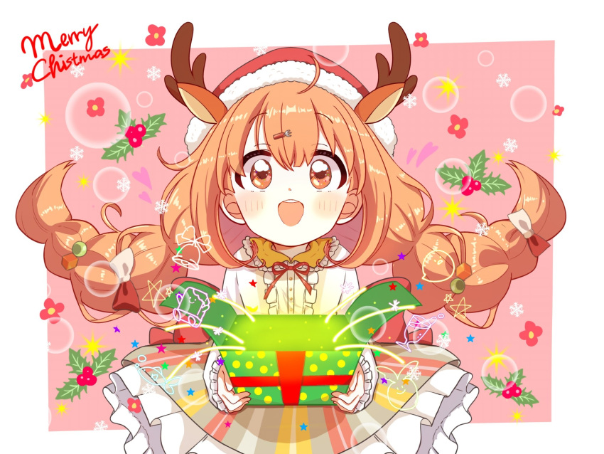 1girl, animal_ears, antlers, bird, blush, border, bow, box
