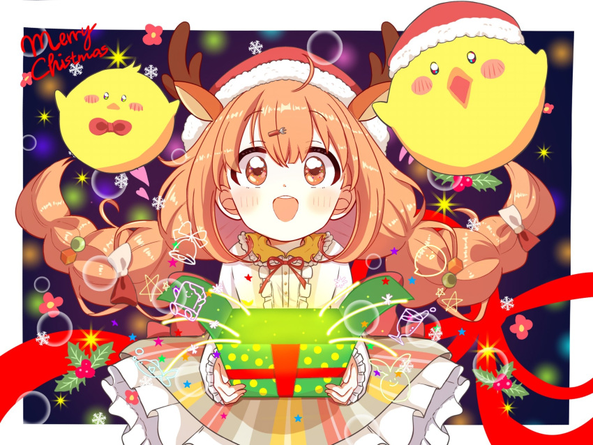 1girl, animal_ears, antlers, bird, blush, border, bow, box
