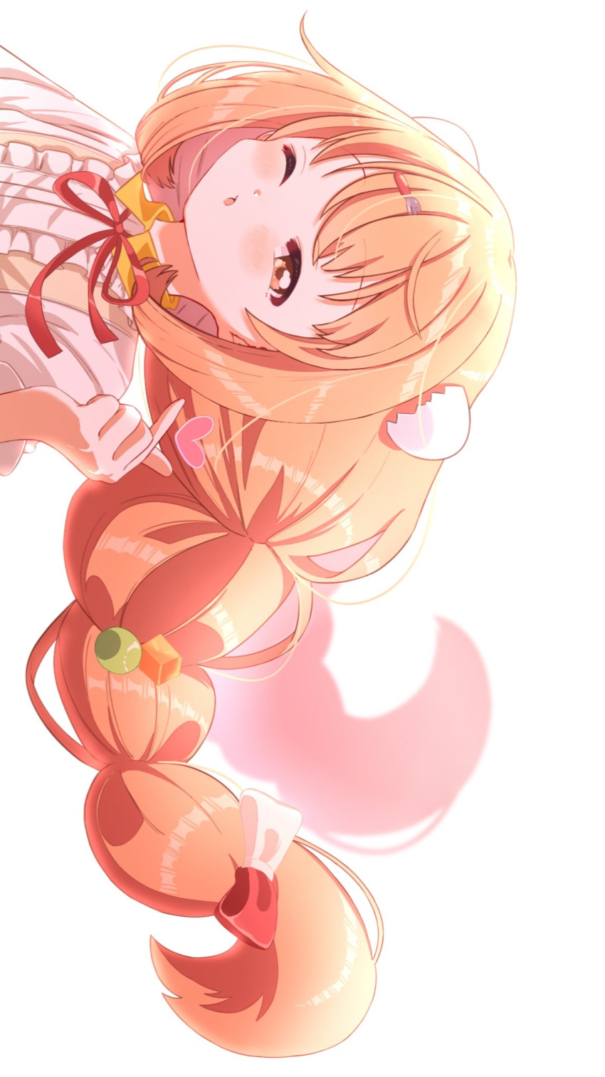 1girl, blowing_kiss, blush, bow, braid, collared_shirt, cube_hair_ornament, dress_shirt