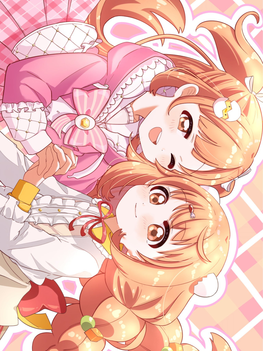 2girls, back_bow, bow, bowtie, braid, brown_eyes, closed_mouth, collared_shirt
