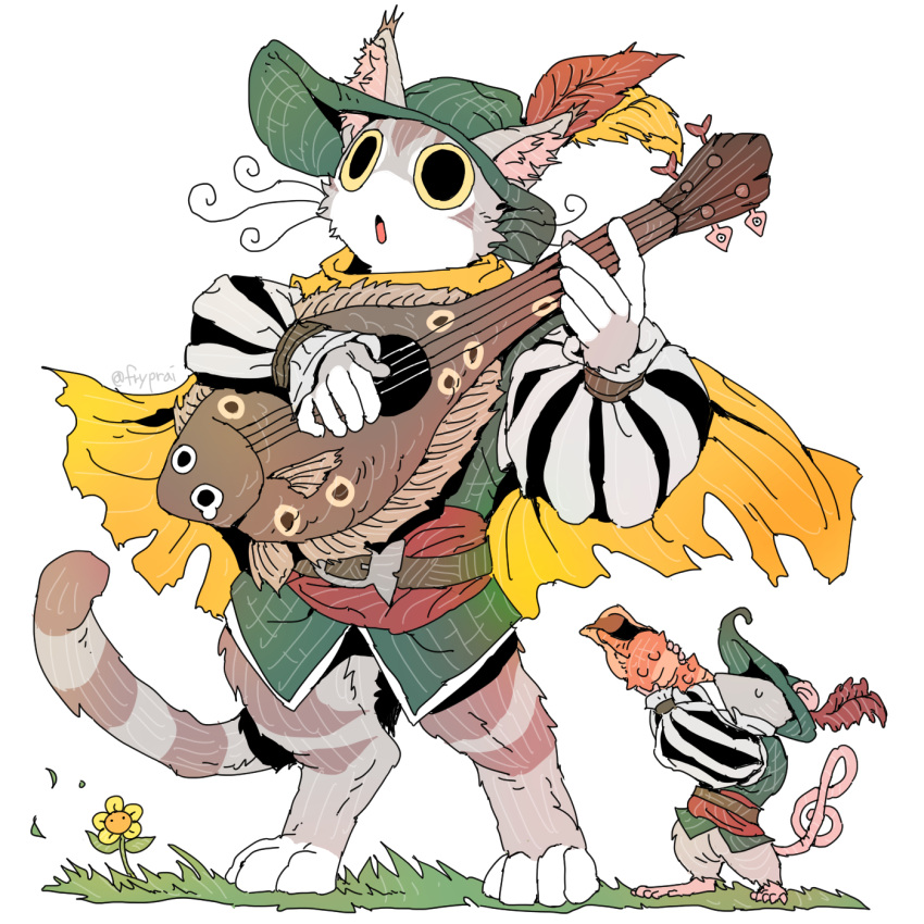 animal, bard, cape, cat, closed_eyes, commentary, conch, english_commentary
