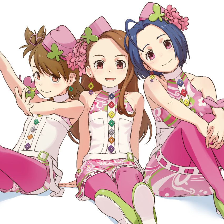 3girls, ahoge, arm_strap, bare_shoulders, blue_hair, blush, breasts, brown_eyes