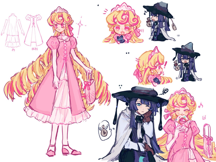1boy, 1girl, alternate_costume, black_hat, black_pants, blonde_hair, blue_eyes, brown_gloves