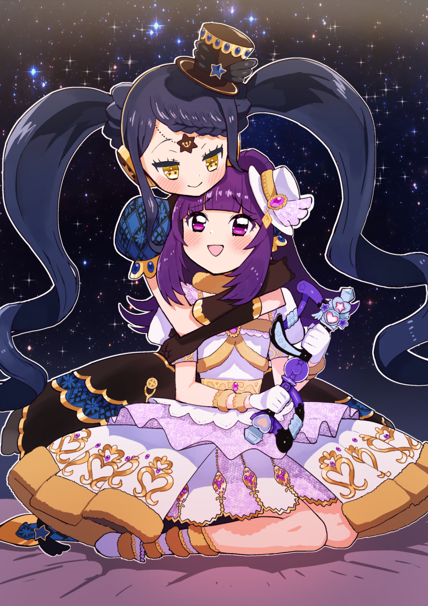2girls, black_dress, blue_hair, blunt_bangs, braid, braided_bangs, closed_mouth, commentary_request