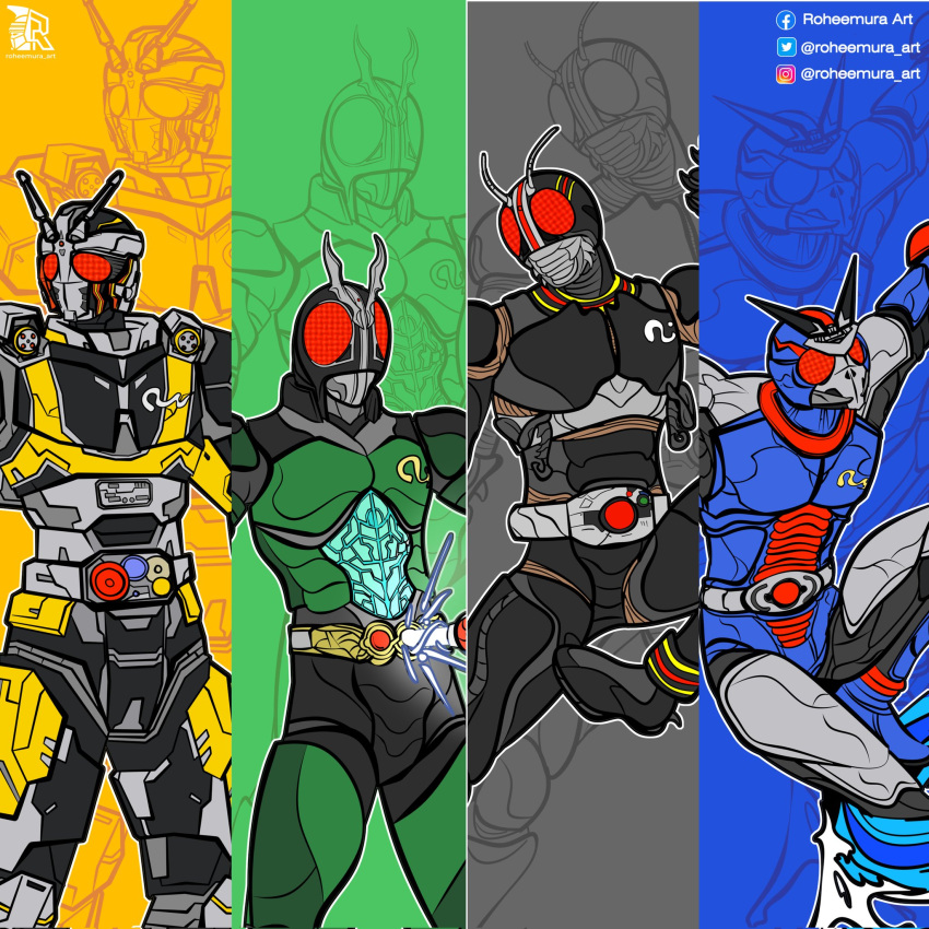 4boys, armor, artist_name, biorider, black_armor, blue_armor, blue_background, commentary, compound_eyes, english_commentary, facebook_username, green_armor, green_background, grey_background, helmet, highres, indonesian_commentary, instagram_username, kamen_rider, kamen_rider_black, kamen_rider_black_(series), kamen_rider_black_rx, kamen_rider_black_rx_(series), mixed-language_commentary, multilingual_commentary, multiple_boys, multiple_persona, roborider, roheemura_art, tokusatsu, twitter_username, yellow_armor, yellow_background, zoom_layer