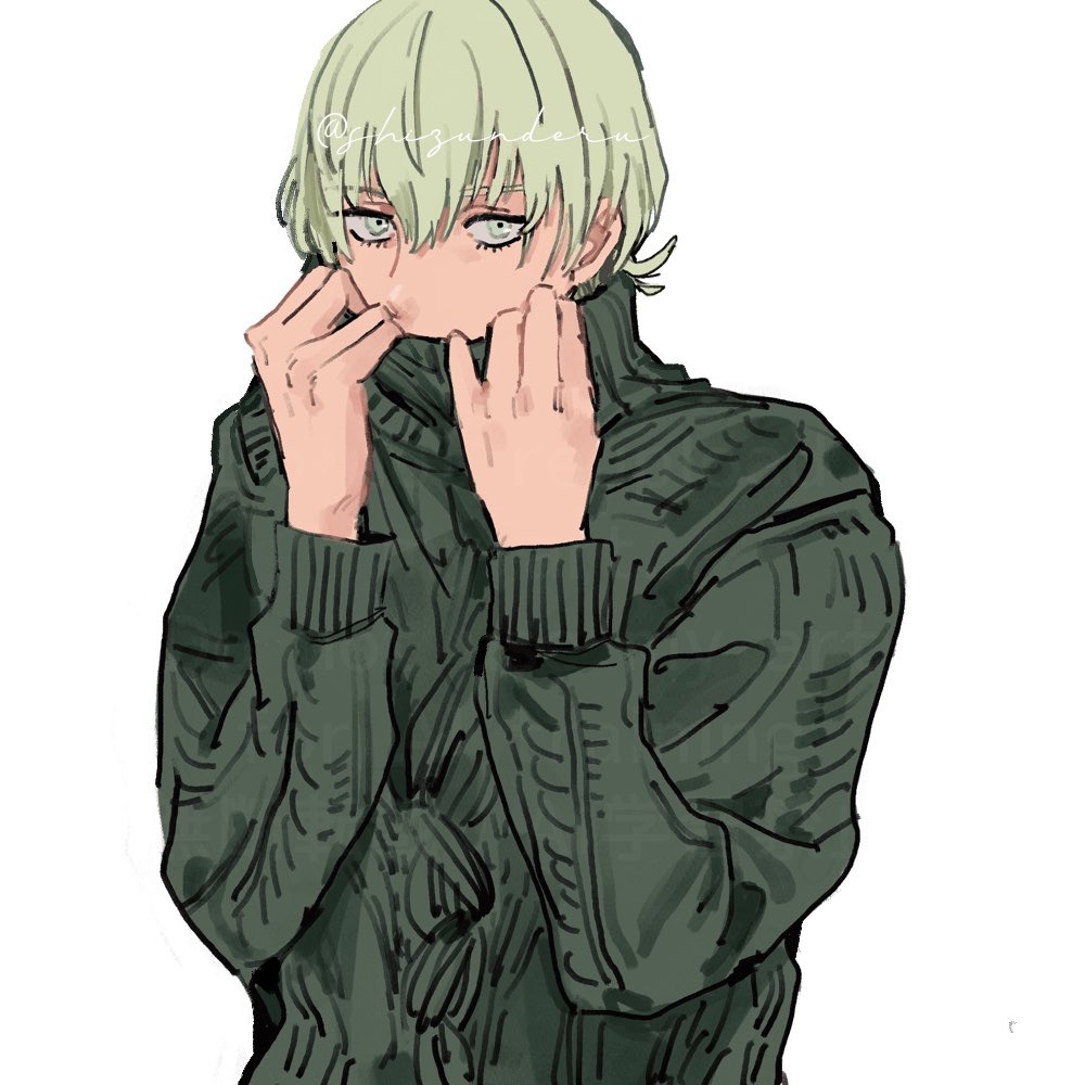 1boy, arms_up, byleth_(fire_emblem), byleth_(male)_(enlightened)_(fire_emblem), byleth_(male)_(fire_emblem), cable_knit, commentary_request, covering_own_mouth