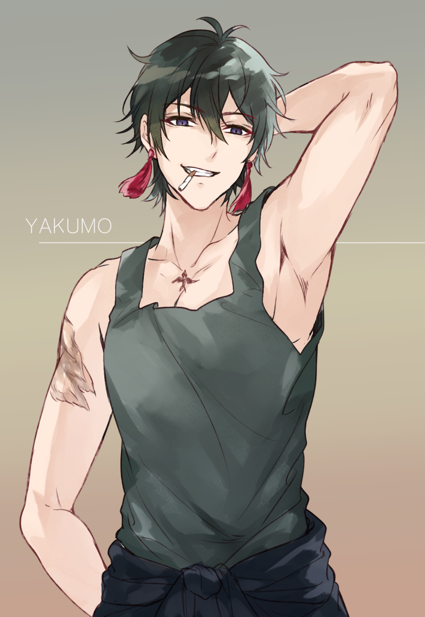 1boy, arm_behind_head, blue_period, cigar, clothes_around_waist, gradient_background, green_shirt, highres