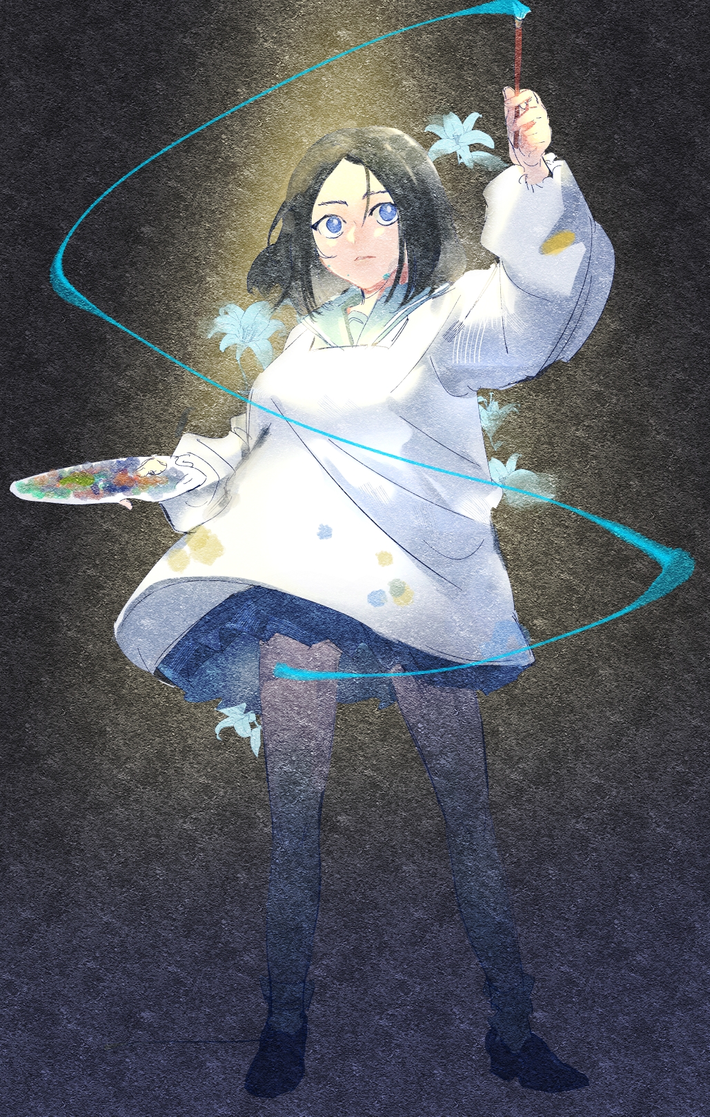 1girl, black_hair, blue_eyes, blue_period, easel, flower, highres, holding