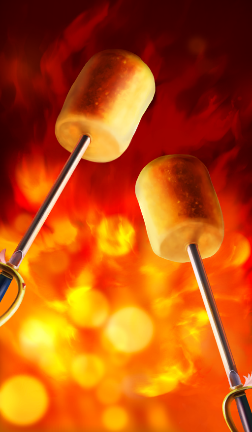 chocolate_lady_no_karasawagi, commentary, fate/grand_order, fate_(series), food, food_focus, furudate_kouichi, marshmallow, no_humans, official_art, orange_background, orange_theme, skewer, sword, third-party_source, weapon