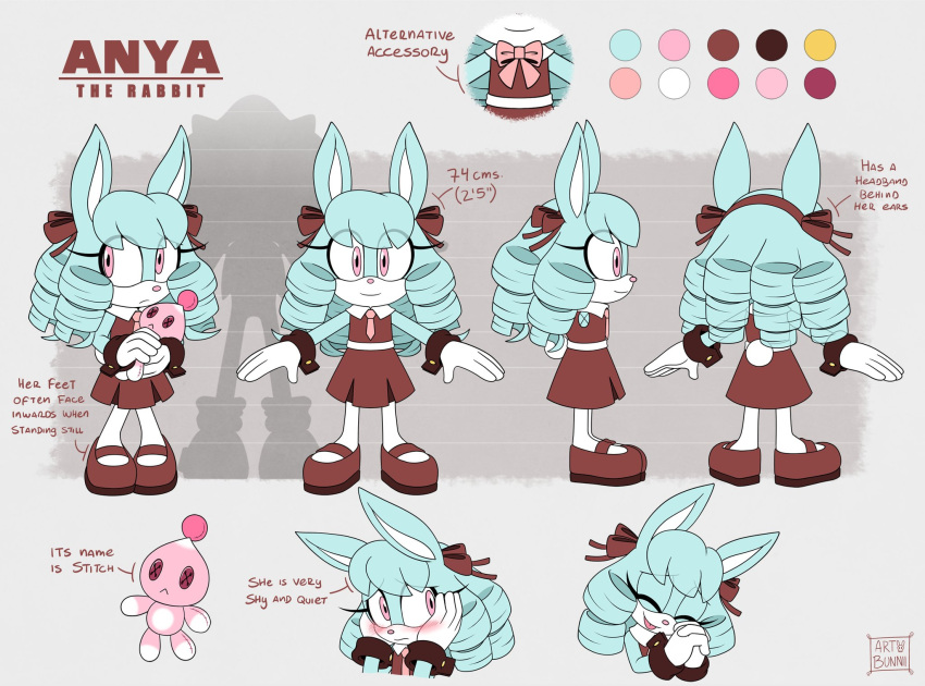 1girl, animal_ears, anya_the_rabbit, artist_name, blue_fur, blue_hair, blush, brown_dress