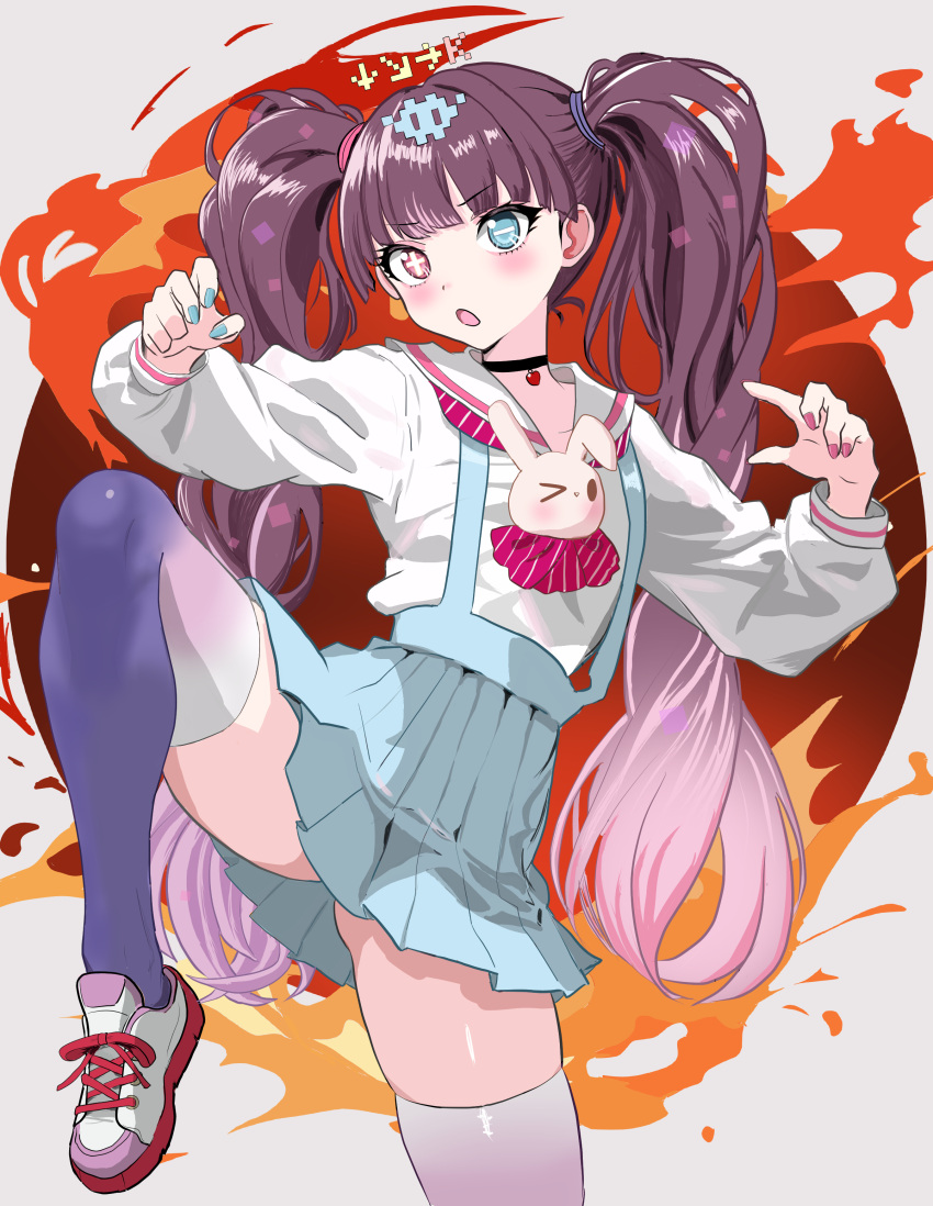 absurdres, black_hair, blue_skirt, blush, heterochromia, highres, long_hair, magical_girl