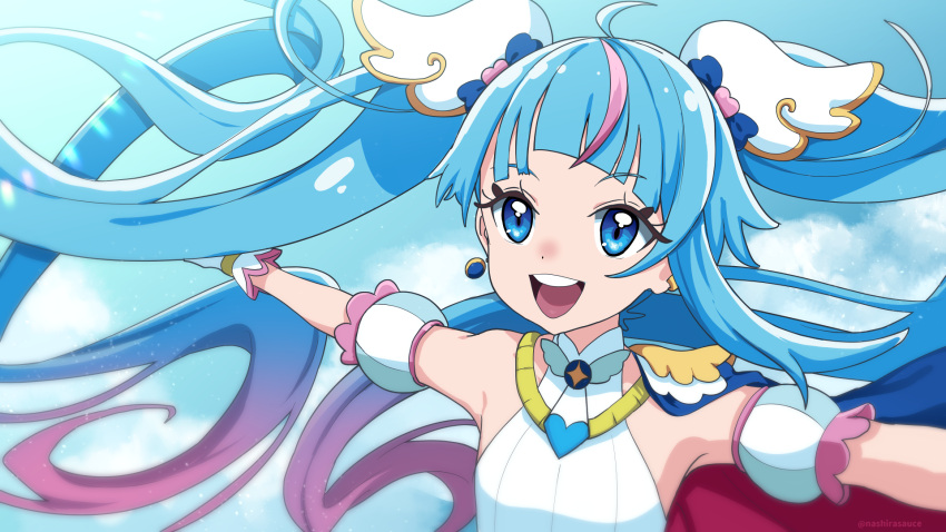 1girl, :d, ahoge, arm_out_of_frame, armpits, blue_cape, blue_eyes, blue_hair
