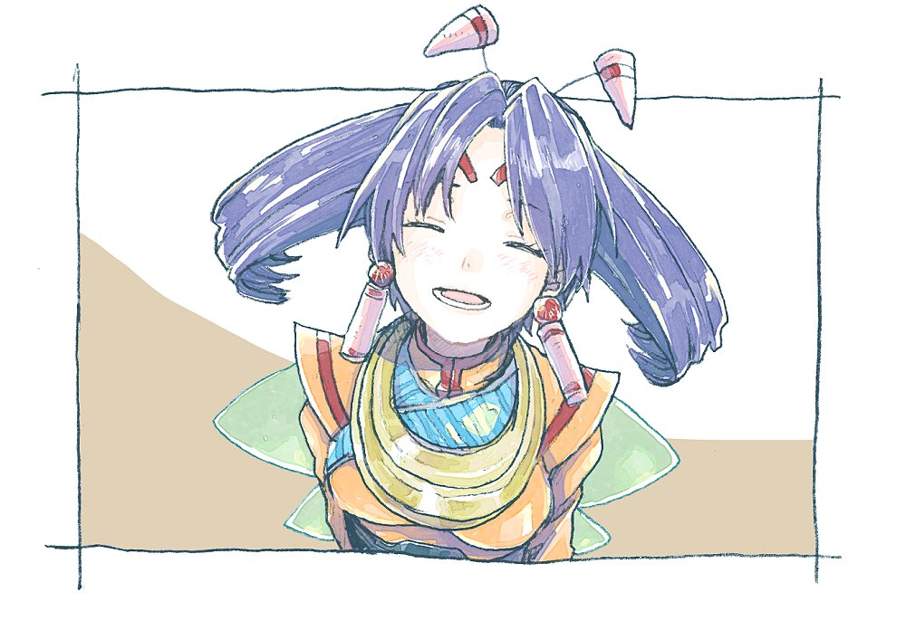 1girl, :d, antennae, blue_hair, blush, breasts, closed_eyes, earrings